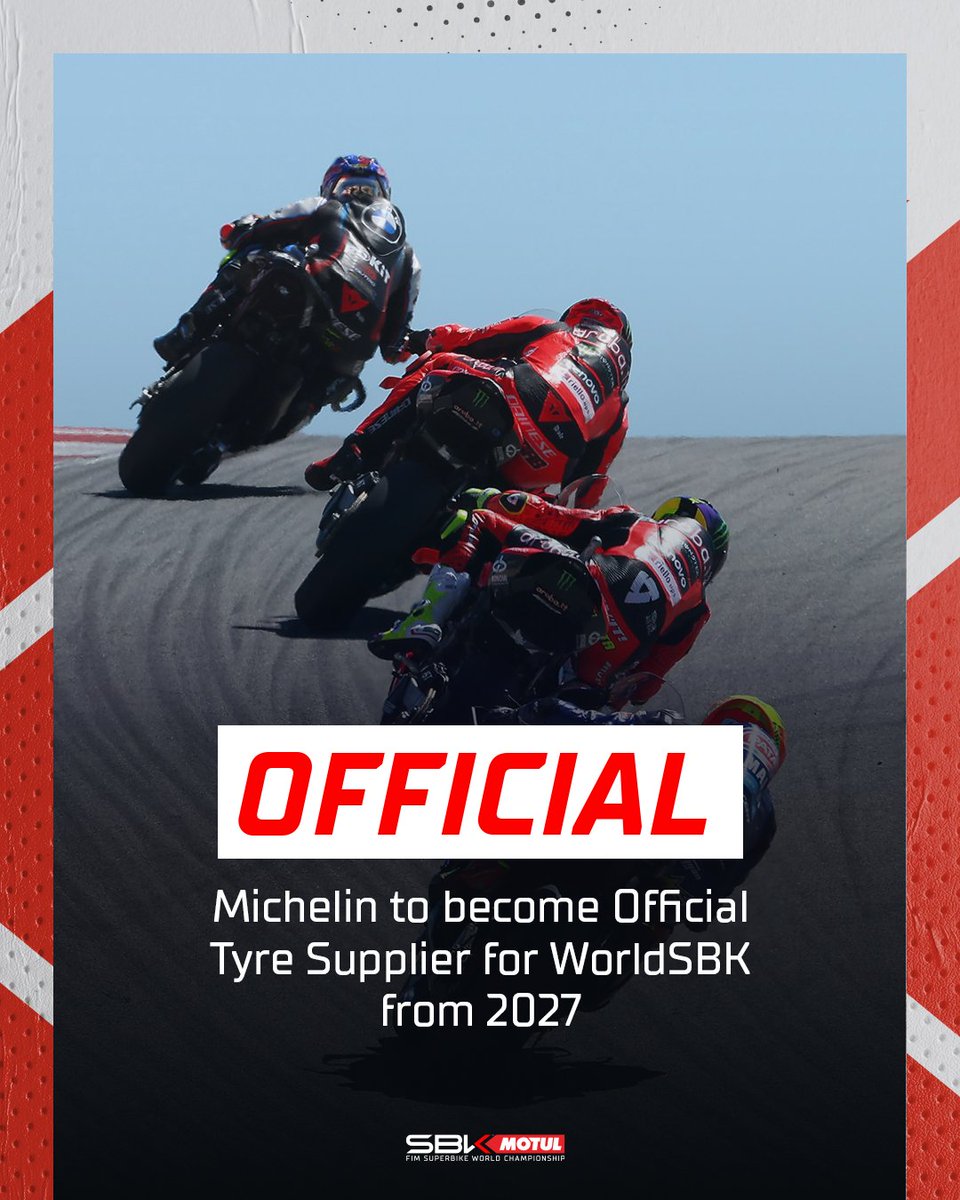 A new era is coming 🔜

From 2027, Michelin will become the Official Tyre Supplier of #WorldSBK with a five-year agreement 🛞

READ MORE 👉 tinyurl.com/5n97h43a