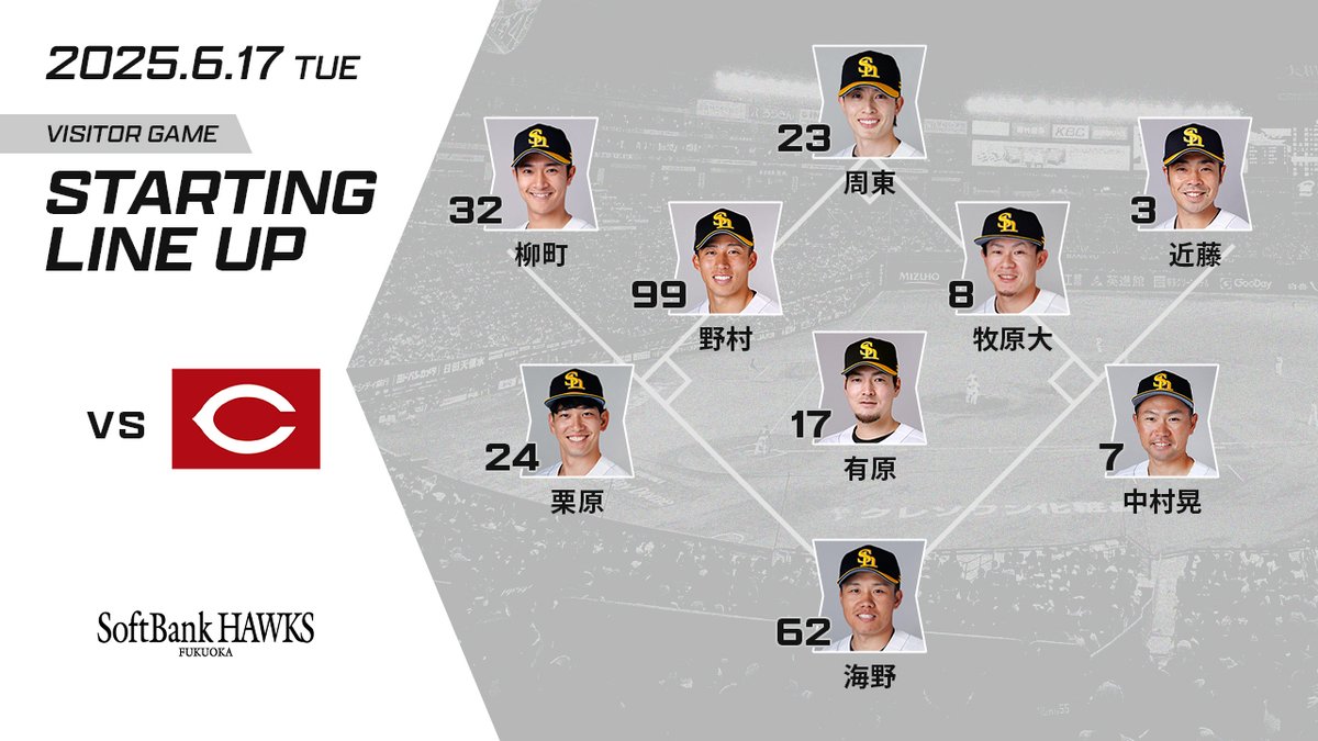 6月17日スタ☆メン】 1中 #周東佑京 2遊 #野村勇 3左 #柳町達 4右