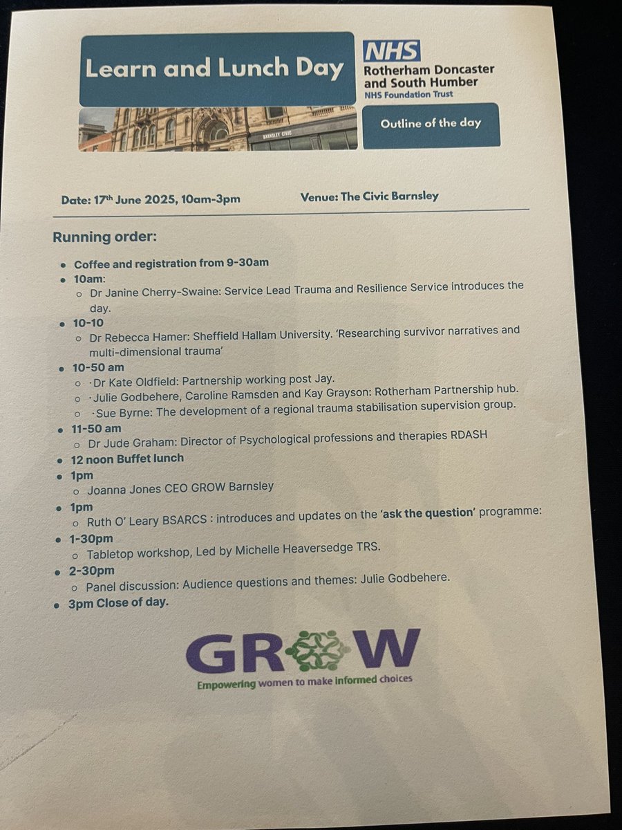 DrJude_G's tweet photo. Spending my LEARN session at today’s GROW event in Barnsley.‘Empowering Women to Make Informed Choices’ - hugely important local event concentrating on partnership working to support people who have experienced trauma &amp; exploitation. Our @rdash_nhs Trauma &amp; Resilience Service https://t.co/KSoQjufuxF