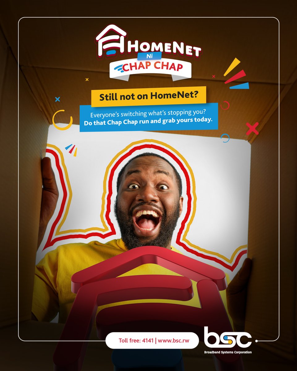 The switch is on — and HomeNet is leading the way.
 Reliable speed, affordable packages, and zero hassle.
 Don’t miss out on everyone’s favorite home internet solution.
Visit us at KN5, Airport Road – BSC Building, Kisimenti
 Or Call us toll free: 4141
#HomeNet #NiChapChap #BSC
