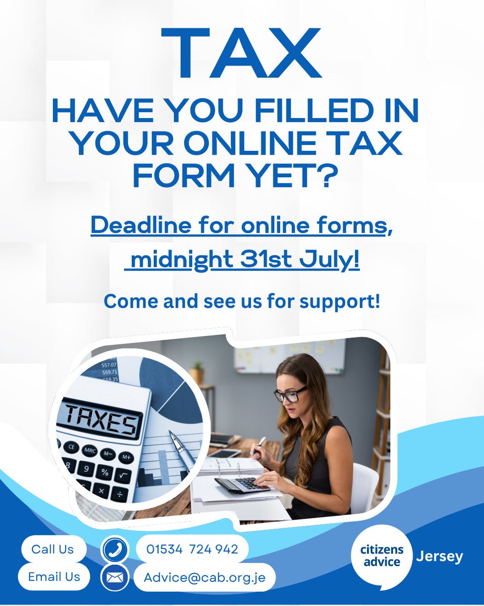📅 Reminder: Online Tax Filing Deadline 📅

The deadline for online tax filing is 31st July. If you need help or support, please visit gov.je for support. 
We're here to assist if you need support!

#TaxFiling #CitizensAdviceJersey #Support