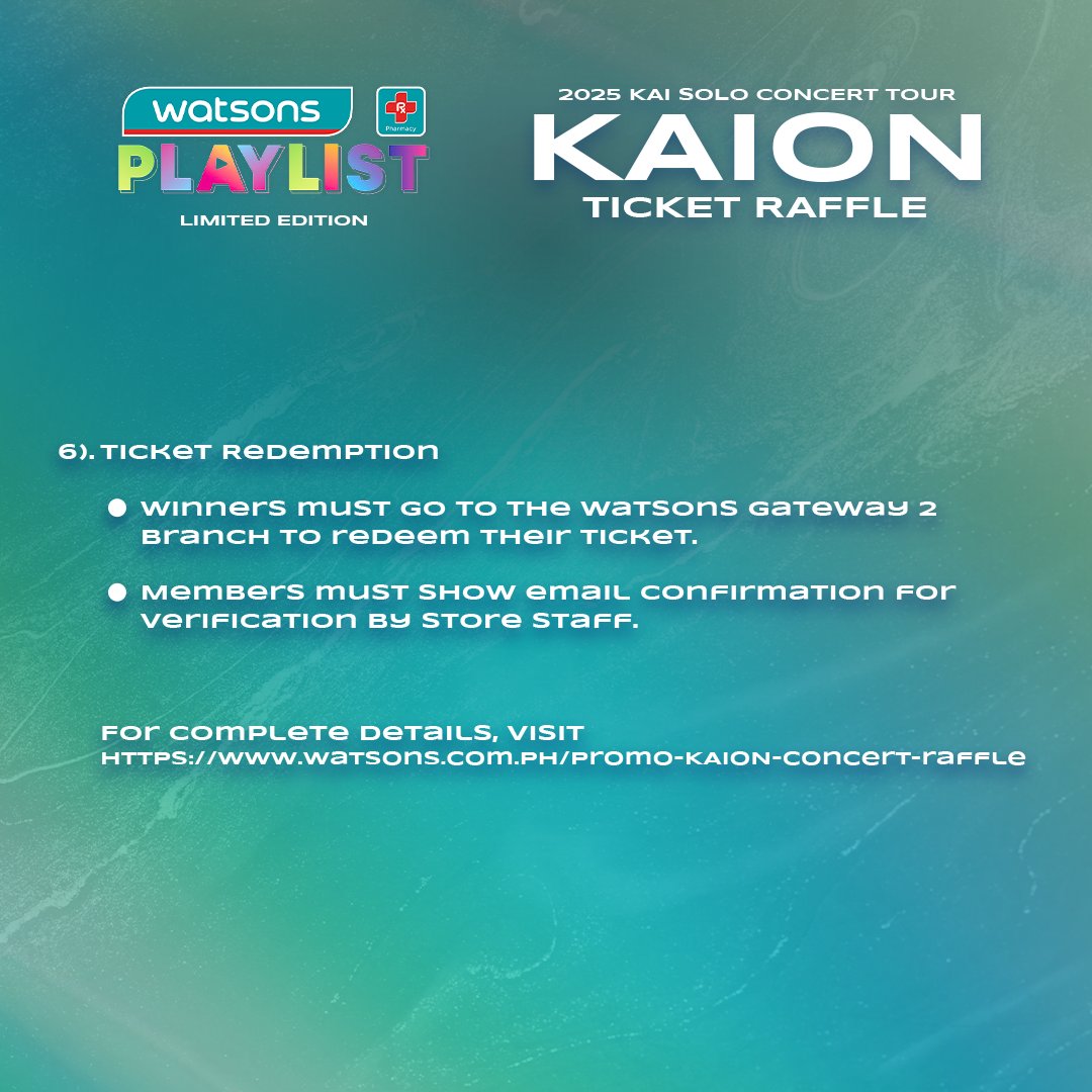 No more waiting cause Kai is coming! 🐻

Promo runs from June 18 to July 13, 2025!
Swipe through our FAQs to learn how you can score tickets to #KAIONinManila 🎟️🔥

Got questions?
Check out the full mechanics here 👉 watsons.com.ph/promo-KAION-co…

#WatsonsPH #WatsonsPlaylist