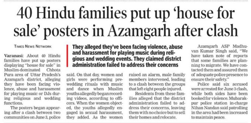AskAnshul's tweet photo. About 40 Hindu families have put up posters displaying "house for sale" in the Muslim-dominated Chhota Pura area of Azamgarh district in UP, alleging that they have been facing violence, abuse, and harassment for playing music or DJs during religious and wedding functions. https://t.co/RHmhm83PFD