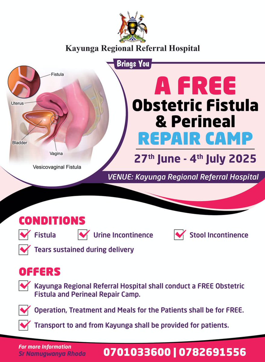 HEALING HANDS, HOPEFUL FUTURES! 

Kayunga Regional Referral Hospital is hosting a FREE camp to repair obstetric fistula and perineal tears. 

From, 📅 27th June - 4th July 2025  Come;
Get treated, regain dignity!
Free surgery, free care!
Expert hands, compassionate care!