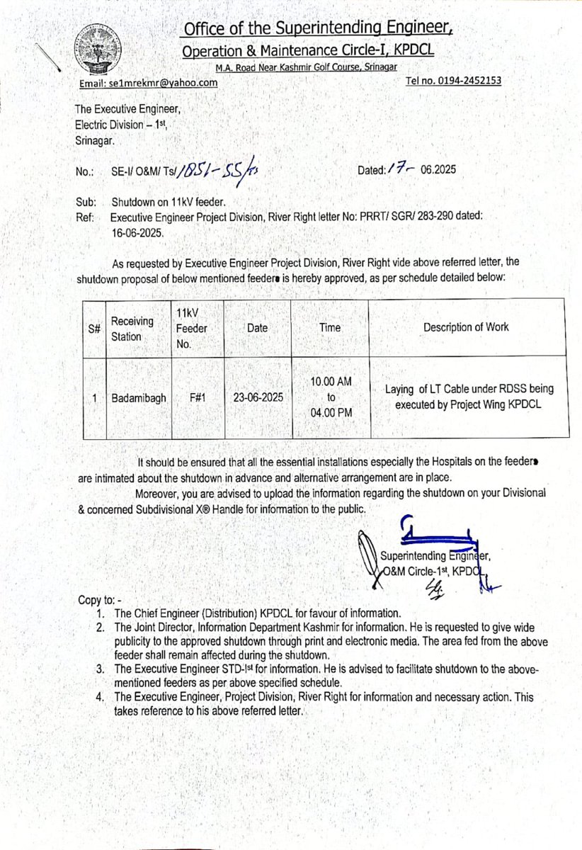 Power shutdown <a href="/kpdcloffice/">Kashmir Power Distribution Corporation Limited</a> <a href="/XEd1st/">ED1st KPDCL</a> <a href="/XEN_EDIV_KPDCL/">Electric Division-IV, Khanyar (KPDCL)</a> <a href="/std_ist/">Sub-Transmission Division, 1st (KPDCL) PDD,Bemina</a> <a href="/JavedDa62606434/">Javed Dar</a>