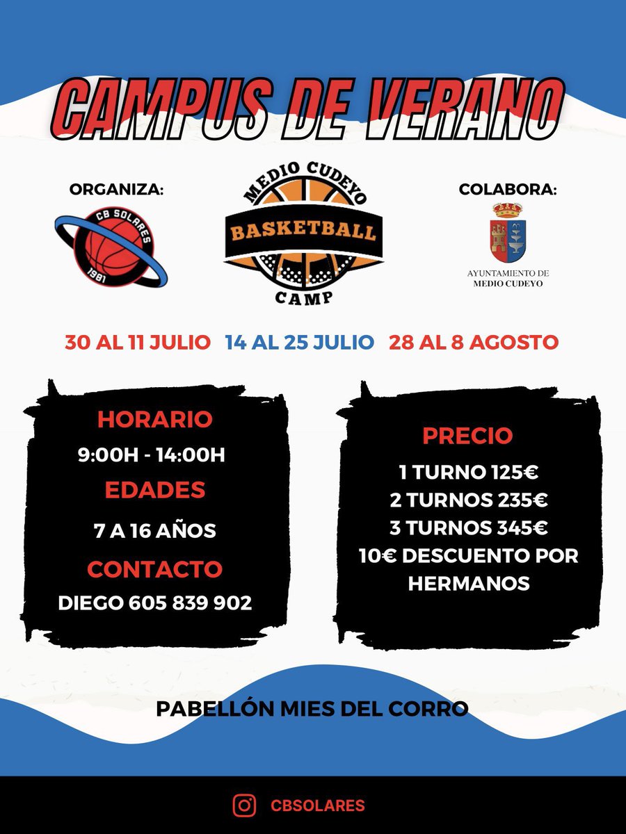 🏀| CAMPUS DE VERANO 2025

¡Abiertas las inscripciones para el campus de verano 2025!

Elige tu quincena y ven a disfrutar del baloncesto en verano.

Competiciones, piscina y mucho más. 

📍Mies del Corro

¡No te lo puedes perder!

Teléfono: 605 839 902