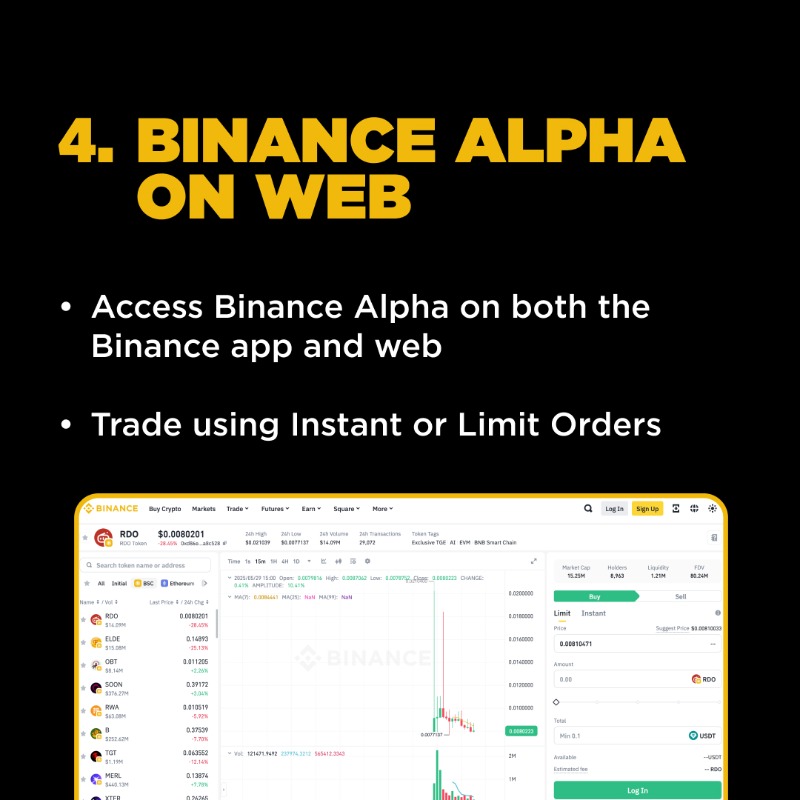 binance's tweet photo. Binance Alpha is the go-to platform for early-stage crypto opportunities.

From earning Binance Alpha Points and claiming exclusive airdrops, to accessing TGEs and trading competitions, Binance Alpha puts it all in one place.

Now available on both app and web.
