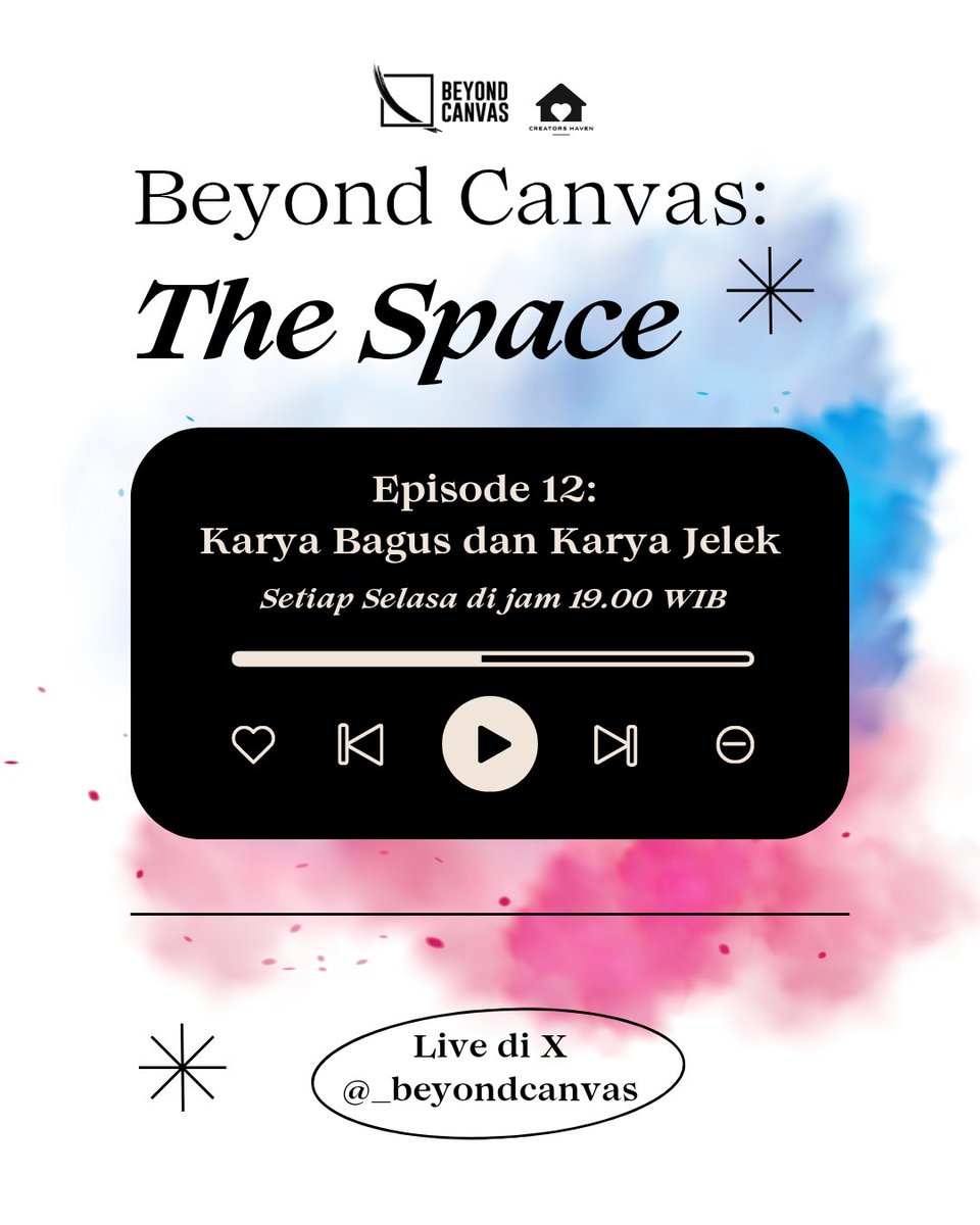 Beyond Canvas (@_beyondcanvas) on Twitter photo 🎙️ Beyond Canvas: The Space 🎨
✨ Episode 12: Karya Bagus dan Karya Jelek ✨
🔥 Selasa | 19.00 WIB
📍 Live di X: <a href="/_BeyondCanvas/">Beyond Canvas</a> 🎙️ Beyond Canvas: The Space 🎨
✨ Episode 12: Karya Bagus dan Karya Jelek ✨
🔥 Selasa | 19.00 WIB
📍 Live di X: <a href="/_BeyondCanvas/">Beyond Canvas</a>