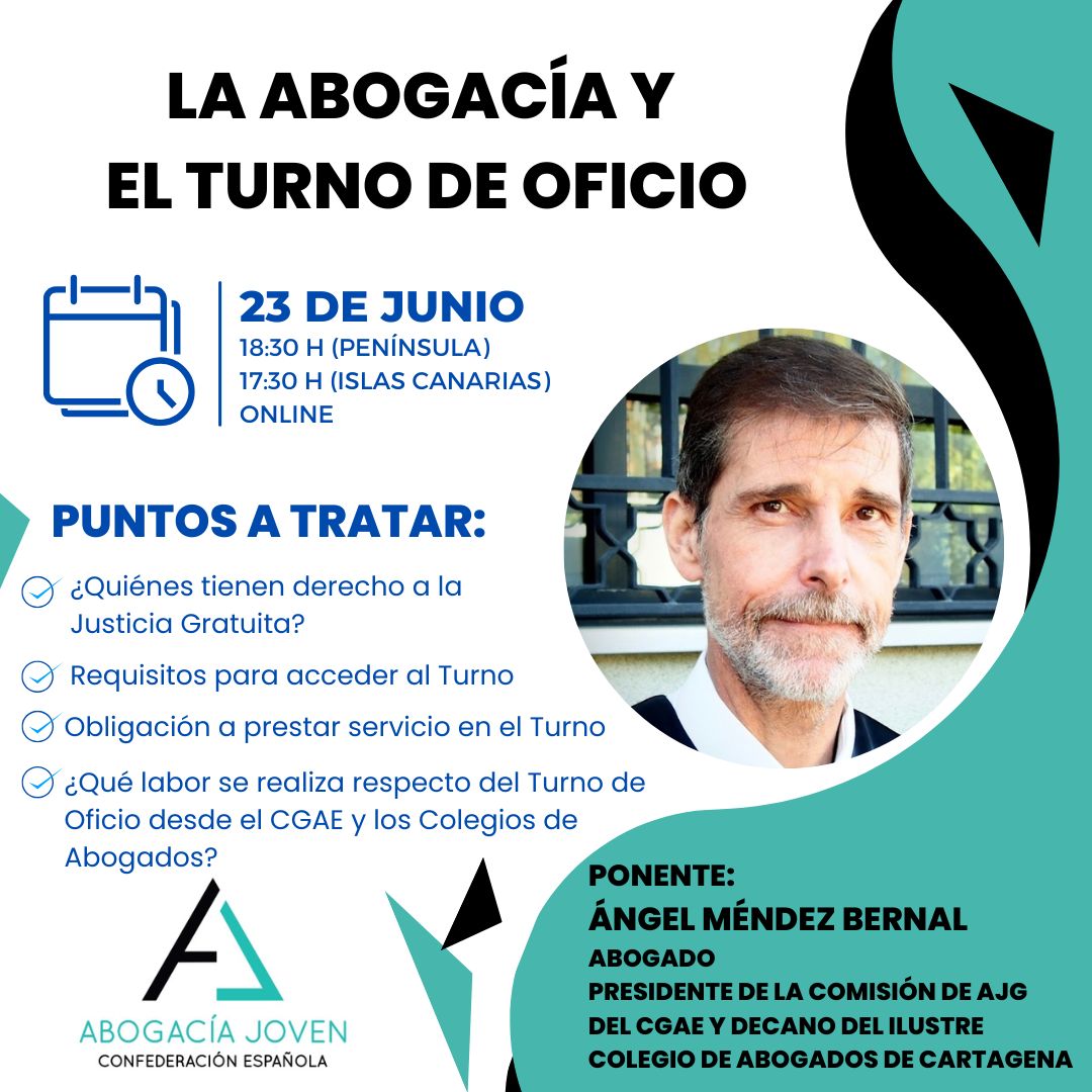 🚨 La Abogacía y el Turno de Oficio

Inscripción en el siguiente enlace 🔗
register.gotowebinar.com/register/12975…

📆 Lunes 23 de junio

🕒 18:30 h

💻 Online

🗣️ Ángel Méndez Bernal