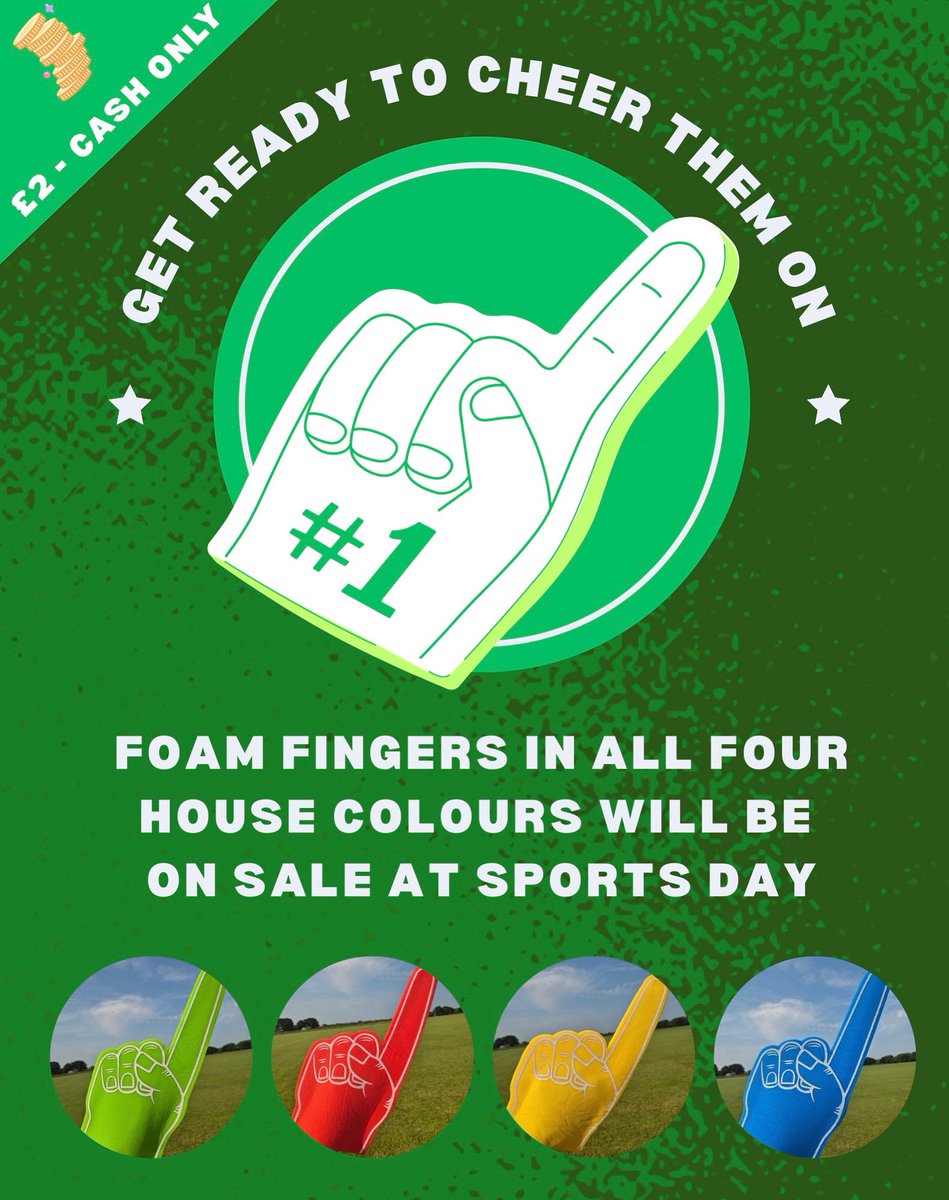 We will be selling foam fingers in all four house colours at both upcoming Junior School Sports Days. For just £2 you can make your house loyalties known as you cheer the children on to victory. 

Who will you be rooting for?

💚❤️💛💙