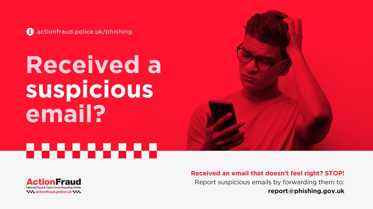 Action Fraud (@actionfrauduk) on Twitter photo 🚨 Received a suspicious email?
✅You can report it by forwarding the email to: report@phishing.gov.uk
ℹ️ Your reports help to remove the emails and websites used to perpetrate fraud and cyber crime.
🔗You can find more info here: ncsc.gov.uk/collection/phi… 🚨 Received a suspicious email?
✅You can report it by forwarding the email to: report@phishing.gov.uk
ℹ️ Your reports help to remove the emails and websites used to perpetrate fraud and cyber crime.
🔗You can find more info here: ncsc.gov.uk/collection/phi…