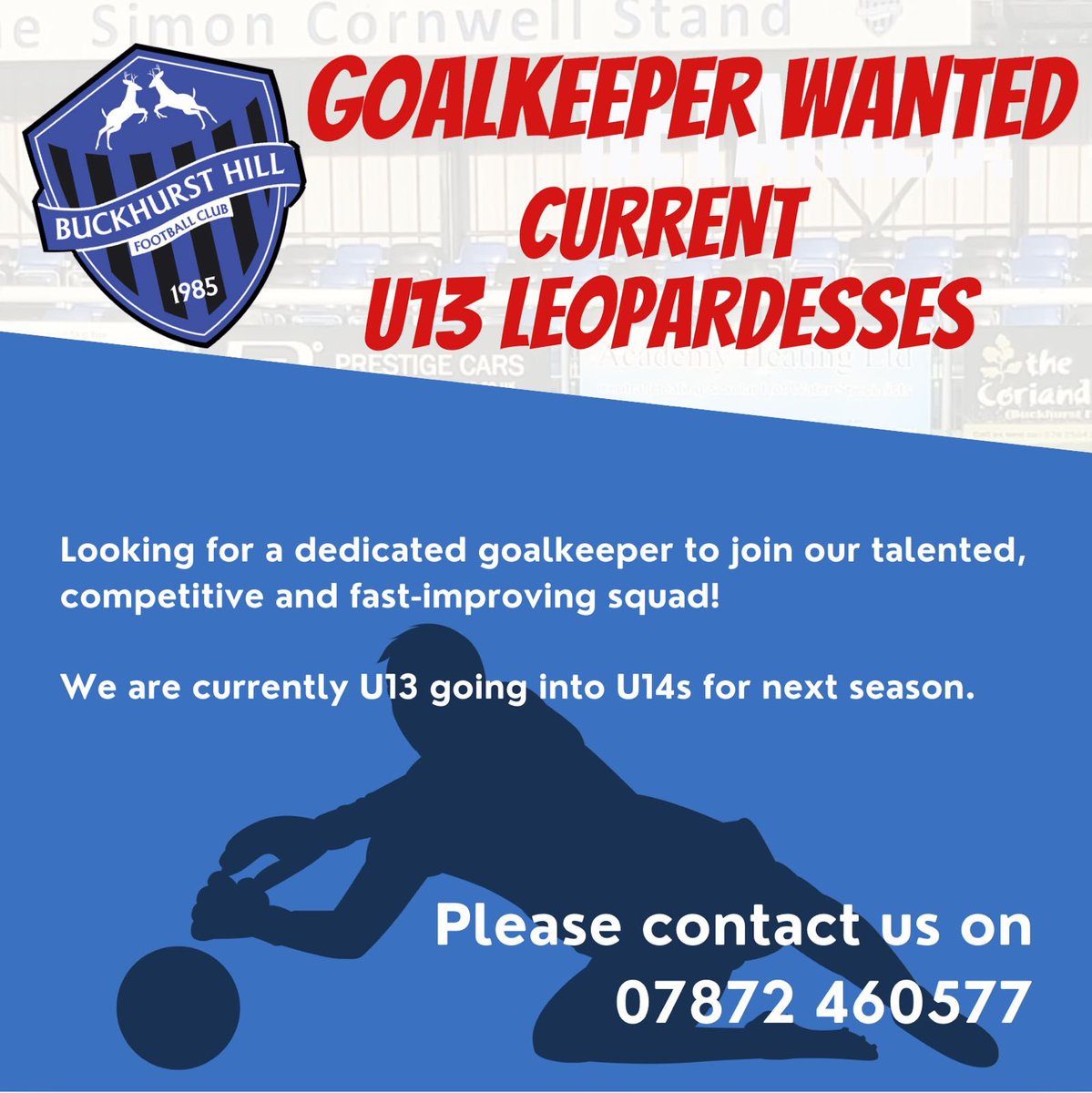 buckhursthillfc's tweet image. GOALKEEPER WANTED 🧤
Are you ready to be our “safe hands” next season??
Contact us now to arrange a training session!
07872460577
#girlsfootball #shecanplay #goalkeepers #COYStags 🦌