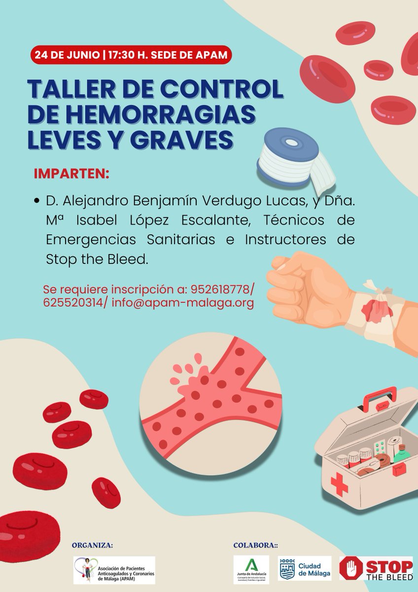 Asociación APAM (@apam_malaga) on Twitter photo 🛑¿Sabrías actuar ante una hemorragia? Apúntate GRATIS al Taller de Control de Hemorragias Leves y Graves 🩸
📅 24 junio |🕠 17:30 h 📍 Sede de APAM
👩⚕️ Técnicos de Emergencias | #StopTheBleed
📲 Inscríbete: info@apam-malaga.org
☎️ 952618778 /625520314
Colabora: <a href="/distrito1malaga/">Distrito 1 Centro de Málaga</a> 🛑¿Sabrías actuar ante una hemorragia? Apúntate GRATIS al Taller de Control de Hemorragias Leves y Graves 🩸
📅 24 junio |🕠 17:30 h 📍 Sede de APAM
👩⚕️ Técnicos de Emergencias | #StopTheBleed
📲 Inscríbete: info@apam-malaga.org
☎️ 952618778 /625520314
Colabora: <a href="/distrito1malaga/">Distrito 1 Centro de Málaga</a>
