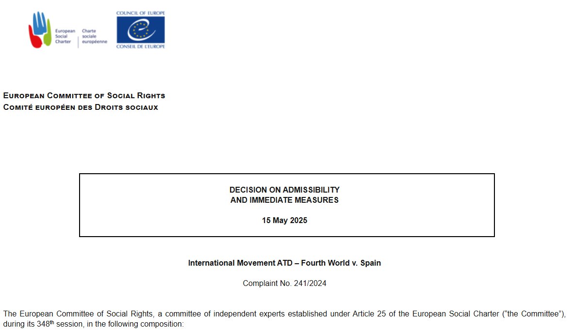 El Comité Europeo de Derechos Sociales del #ConsejodeEuropa admite a trámite la reclamación colectiva ATD Fourth World c. España en relación al ingreso mínimo vital. No concede medidas inmediatas. Ahora analizará la queja y se pronunciará sobre el fondo.
tinyurl.com/3yp5s2uu
