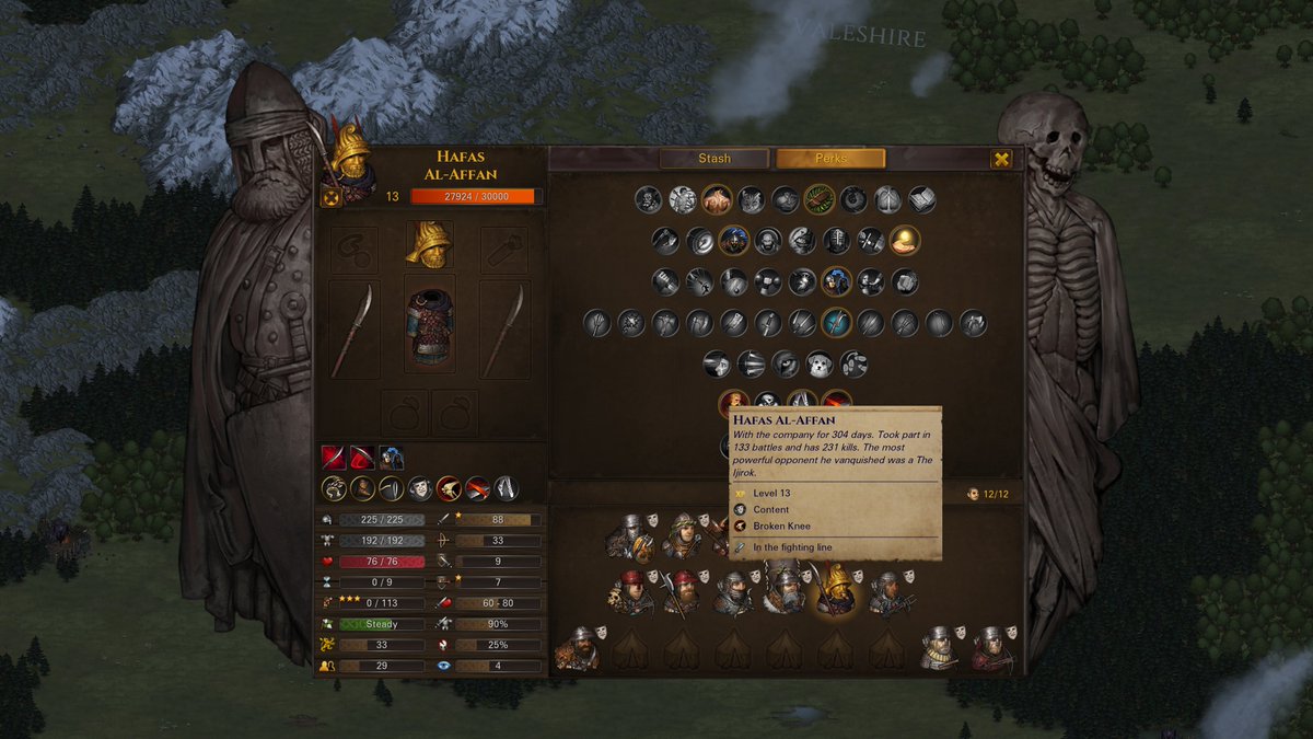 In my latest Battle Brothers (all hardest settings, ironman) it's day 330 and I have a front line of 6 level 11+ Hedge Knights... But my favourite guy is this ex slave... 😀

He's got no defence, but took Nimble (.49) and Battle Forged (.79) to lower any damage...  Somehow he