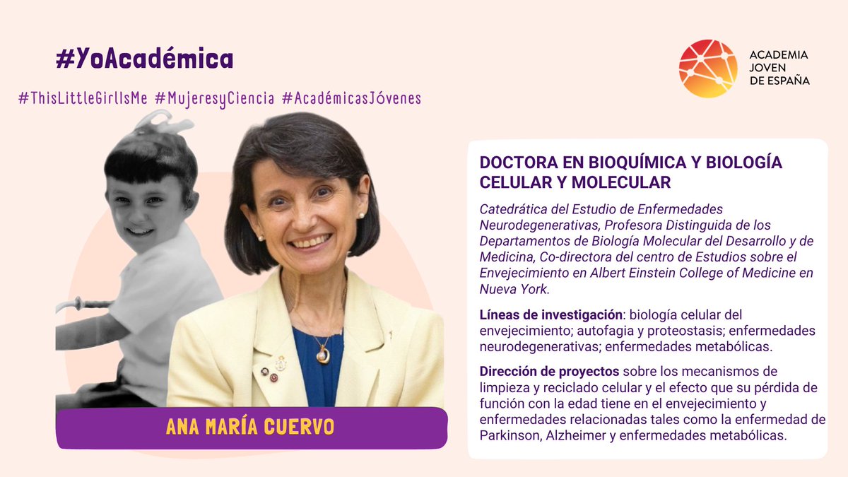 Por el 15 de junio, #DíaMundialDeLaBioquímica queremos destacar el trabajo de la investigadora Ana María Cuervo.

#ThisLittleGirlIsme #YoAcadémica #MujeresyCiencia #AcadémicasJóvenes

Podéis saber más sobre su trayectoria en:

academiajoven.es/actividades/yo…