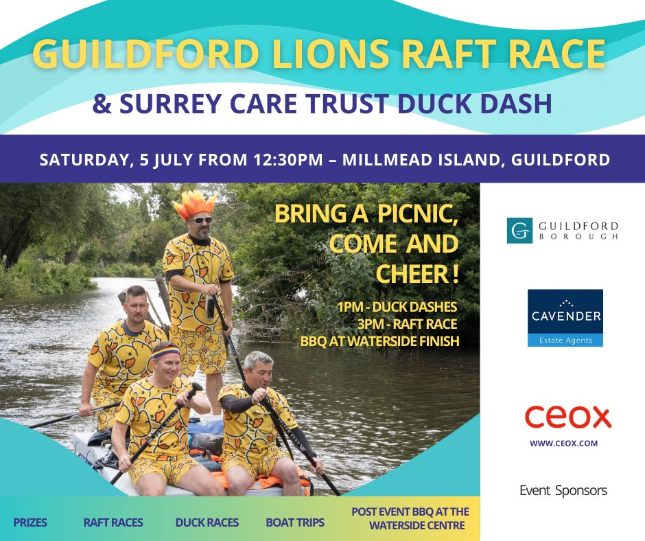 Not long til our Charity Raft Race &amp; <a href="/SurreyCareTrust/">Surrey Care Trust</a> Duck Dash!
📅 Saturday 5th July 
🎉 Build a raft and take part 
🦆 Or sponsor a duck in the great Duck Dash
💛 Fun for all ages, and a great day out by the River Wey! 
Full details and entry here:  guildfordlions.com/guildford-lion…
