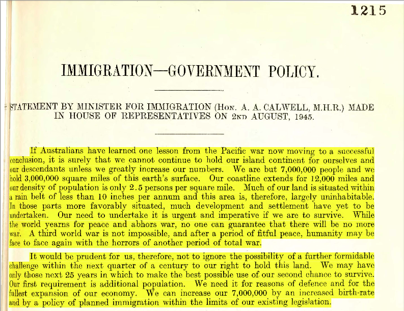 JosephNWalker's tweet image. Immigration has always been deeply tied up with nation-building for Australia.
Here are the opening paragraphs of the first policy paper of Australia's inaugural minister for immigration, Arthur Calwell (1945):