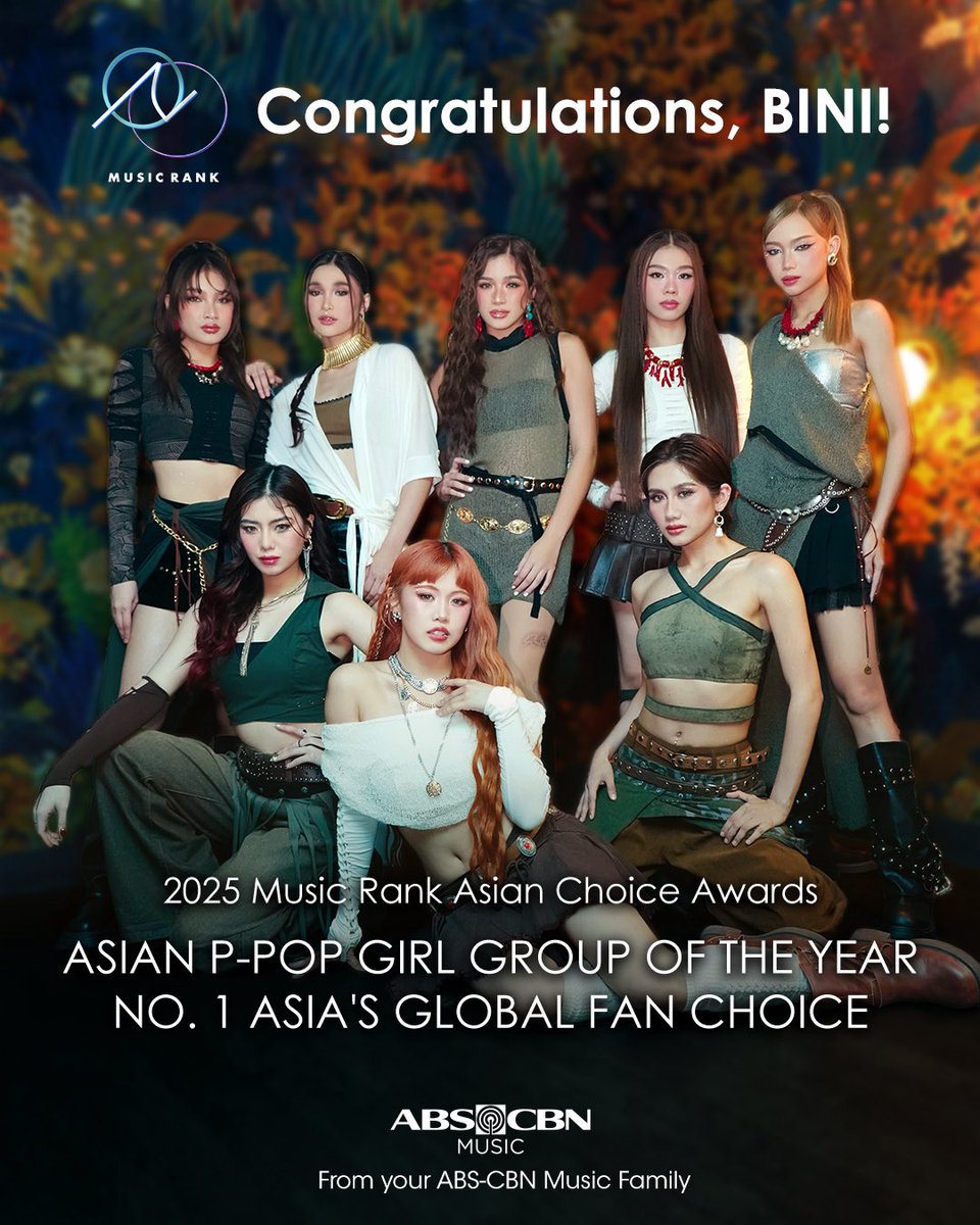 Congratulations to @bini_ph for winning ‘Asian P-Pop Girl Group of the Year’ and ‘No. 1 Asia’s Global Fan Choice’ at the 2025 Music Rank Asian Choice Awards! 🥳

You never fail to make us proud! 🫶

Stream BINI’s latest single ‘Shagidi’ here to show some love!
🔗