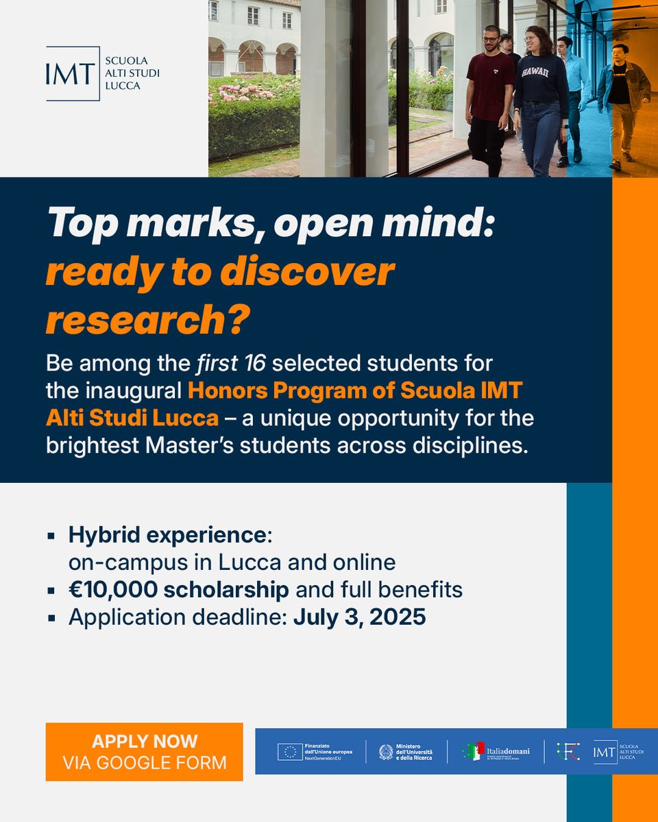 📣Do you want to go beyond the standard university experience and unlock your full potential? 

🎓Be among the first 16 selected students of the Honors Program @ IMT School – a unique opportunity for the best Master’s students.

📲 Find out more on lnkd.in/d3kgU4rT