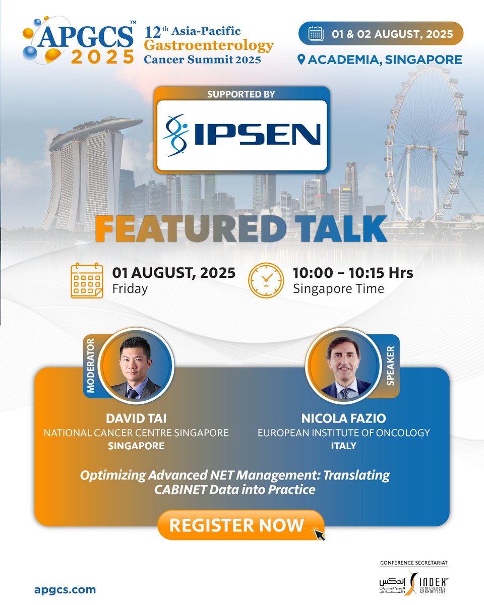 Featured Talk at #APGCS2025 Supported by @IpsenGroup
Aug 1 | 10:00–10:15 SGT

Dr. Nicolo Fazio dives into
"Optimizing Advanced NET Management: Translating CABINET Data into Practice"

Moderated by Dr. David Tai @NCCS_SG

#Oncology #NETs #GIcancer #CABINETTrial #MedicalConference