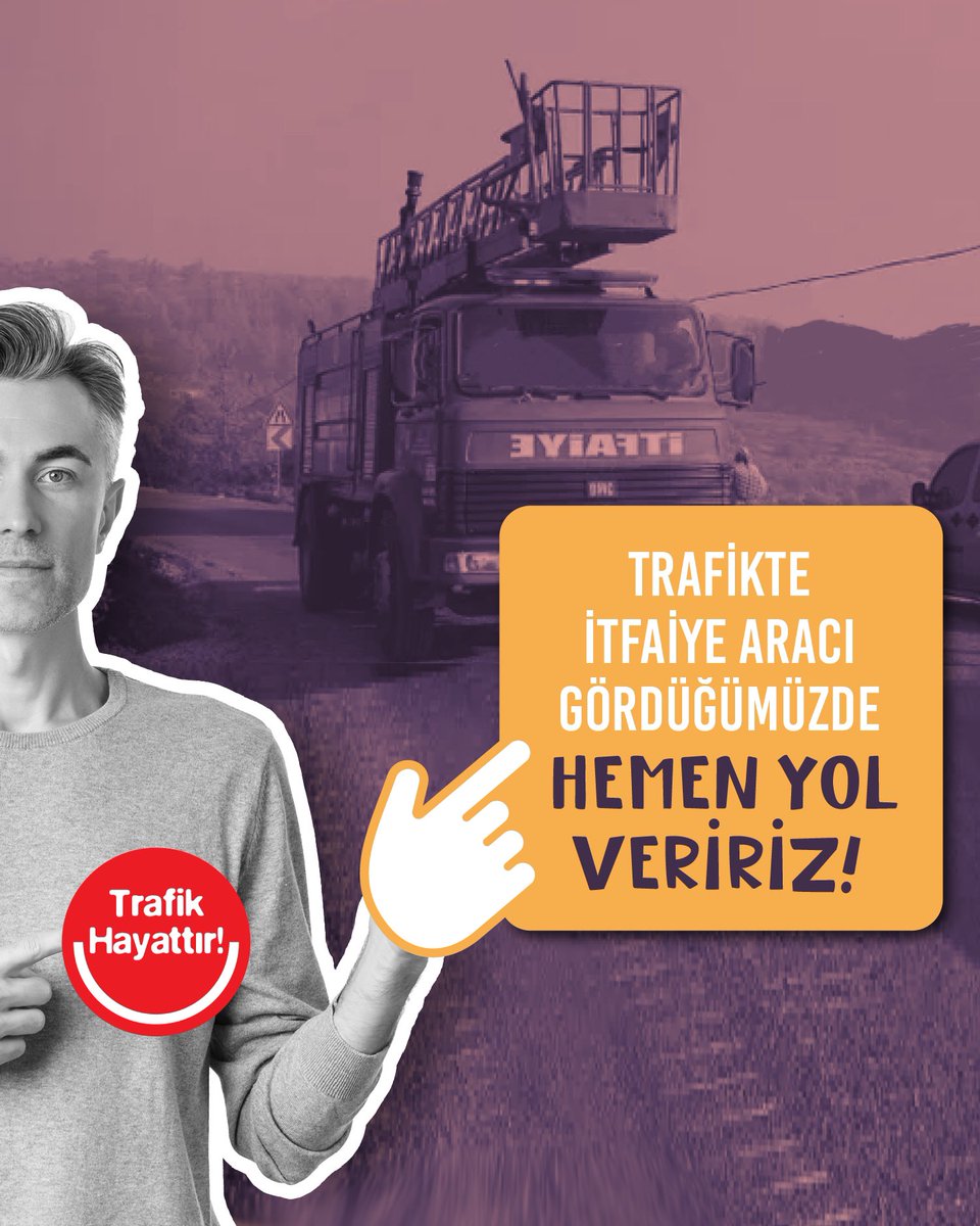 Trafikte itfaiye aracı gördüğünüzde panik yapmadan, bilinçli hareket ederek itfaiye aracına geçiş önceliği tanıyın.
Takip etmeyin, önü kesmeyin, geçişini kolaylaştırın.

#TrafikHayattır #HayatTrafikteBuralarBende