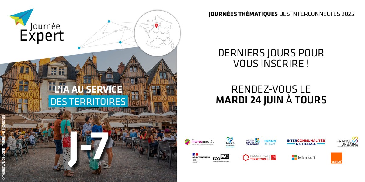 ⌛ J-7 avant notre journée expert à Tours

Rendez-vous le mardi 24 juin à Tours pour la Journée expert autour de la thématique "L'IA au service des territoires"

👉 Inscrivez-vous gratuitement : evenements.interconnectes.com/journee-expert…