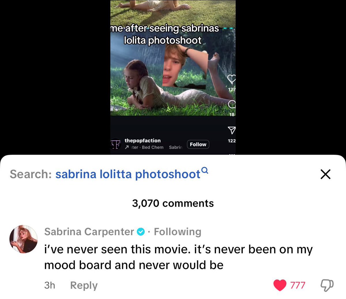 Sabrina Carpenter left a comment on a TikTok denying rumours that her photoshoot was inspired by “Lolita”

“i've never seen this movie. it's never been on my mood board and never would be”