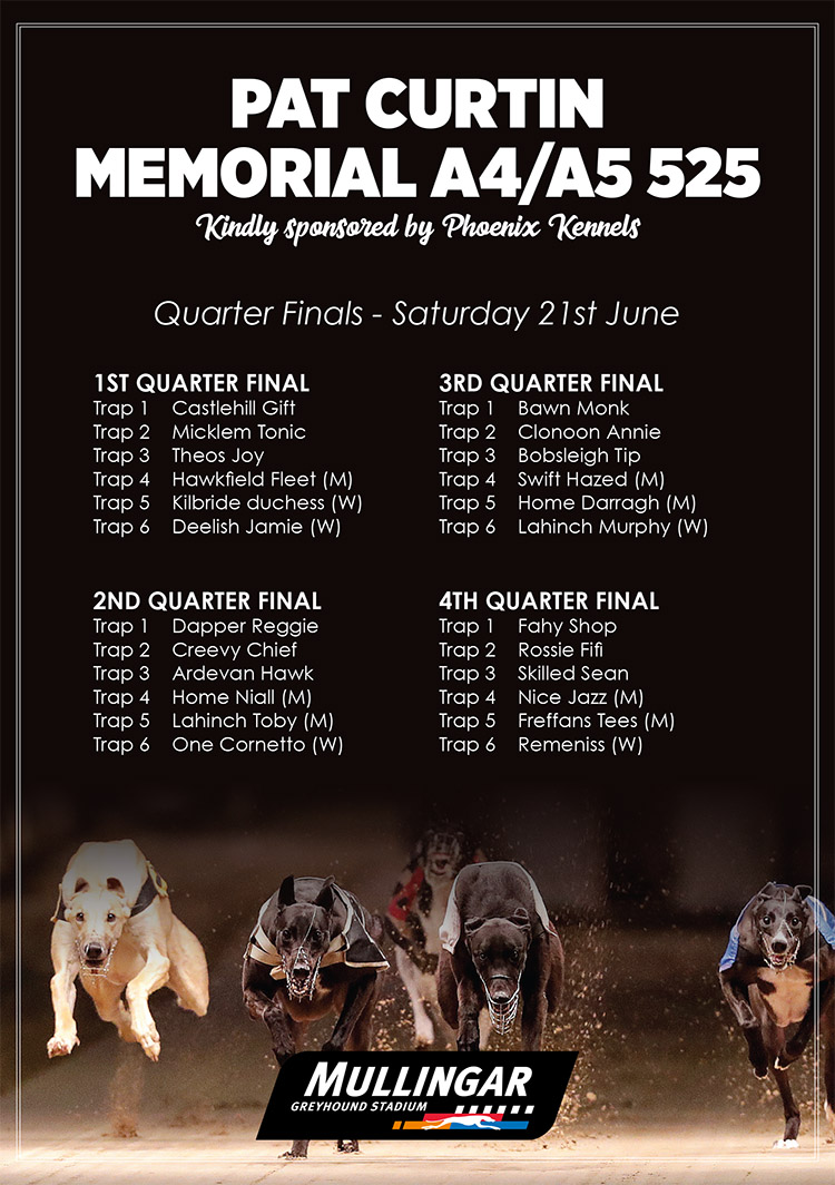 The Quarter Finals of The Pat Curtin Memorial A4/A5 525 takes place this Saturday 21st June in Mullingar.

Join us for a thrilling night of racing.

#GoGreyhoundRacing #ThisRunsDeep
