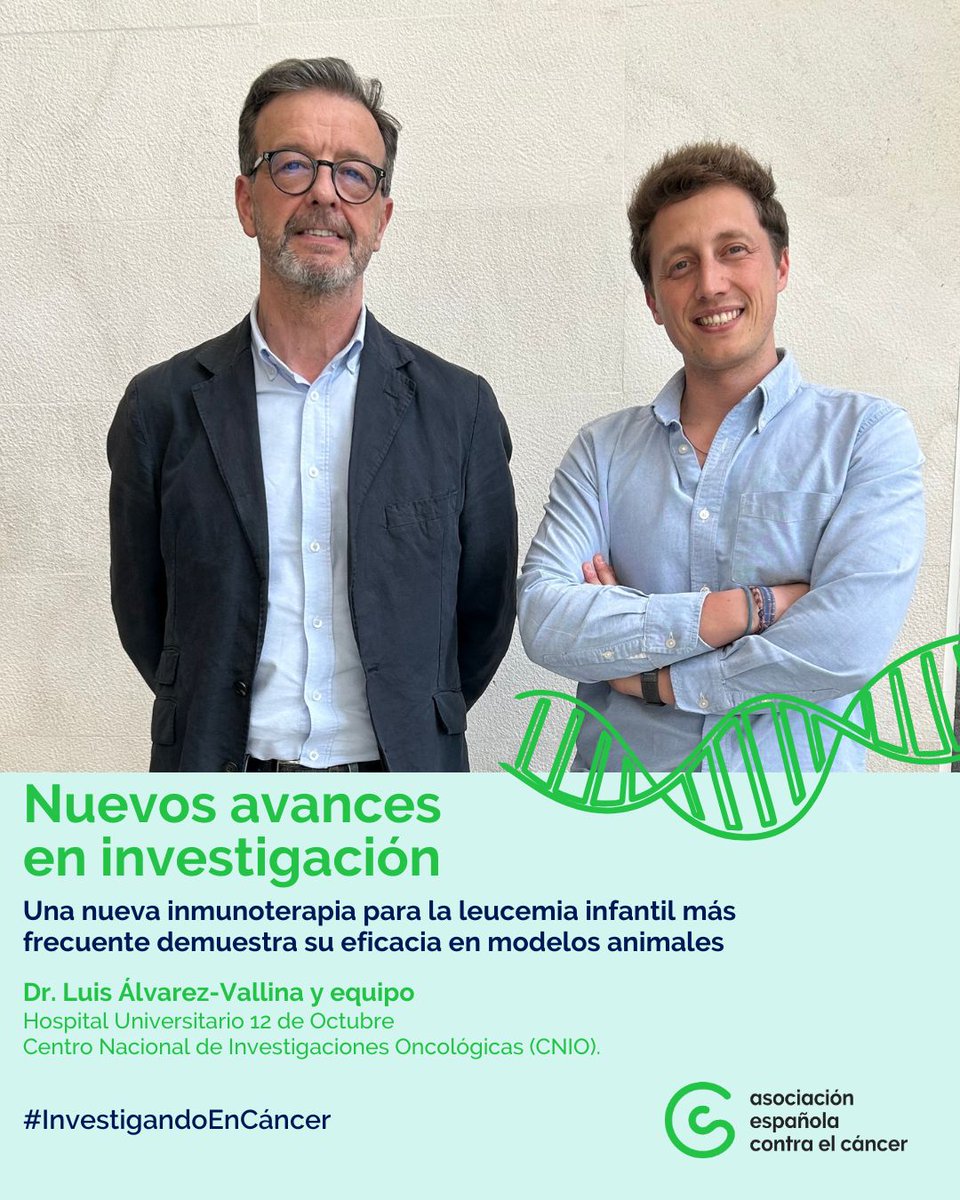 Asociación Española Contra el Cáncer (@contracanceres) on Twitter photo ¡Avances en inmunoterapia para la leucemia infantil! Una nueva inmunoterapia para la leucemia infantil más frecuente demuestra su eficacia en modelos animales
✳️Enhorabuena al Dr <a href="/Alvarez_Vallina/">Luis Álvarez-Vallina</a> y equipos <a href="/H12Octubre/">Hospital Universitario 12 de Octubre</a> <a href="/CNIOStopCancer/">CNIO Stop Cancer</a> <a href="/CarrerasIJC/">Josep Carreras Leukaemia Research Institute (IJC)</a>
contraelcancer.es/es/investigaci… ¡Avances en inmunoterapia para la leucemia infantil! Una nueva inmunoterapia para la leucemia infantil más frecuente demuestra su eficacia en modelos animales
✳️Enhorabuena al Dr <a href="/Alvarez_Vallina/">Luis Álvarez-Vallina</a> y equipos <a href="/H12Octubre/">Hospital Universitario 12 de Octubre</a> <a href="/CNIOStopCancer/">CNIO Stop Cancer</a> <a href="/CarrerasIJC/">Josep Carreras Leukaemia Research Institute (IJC)</a>
contraelcancer.es/es/investigaci…