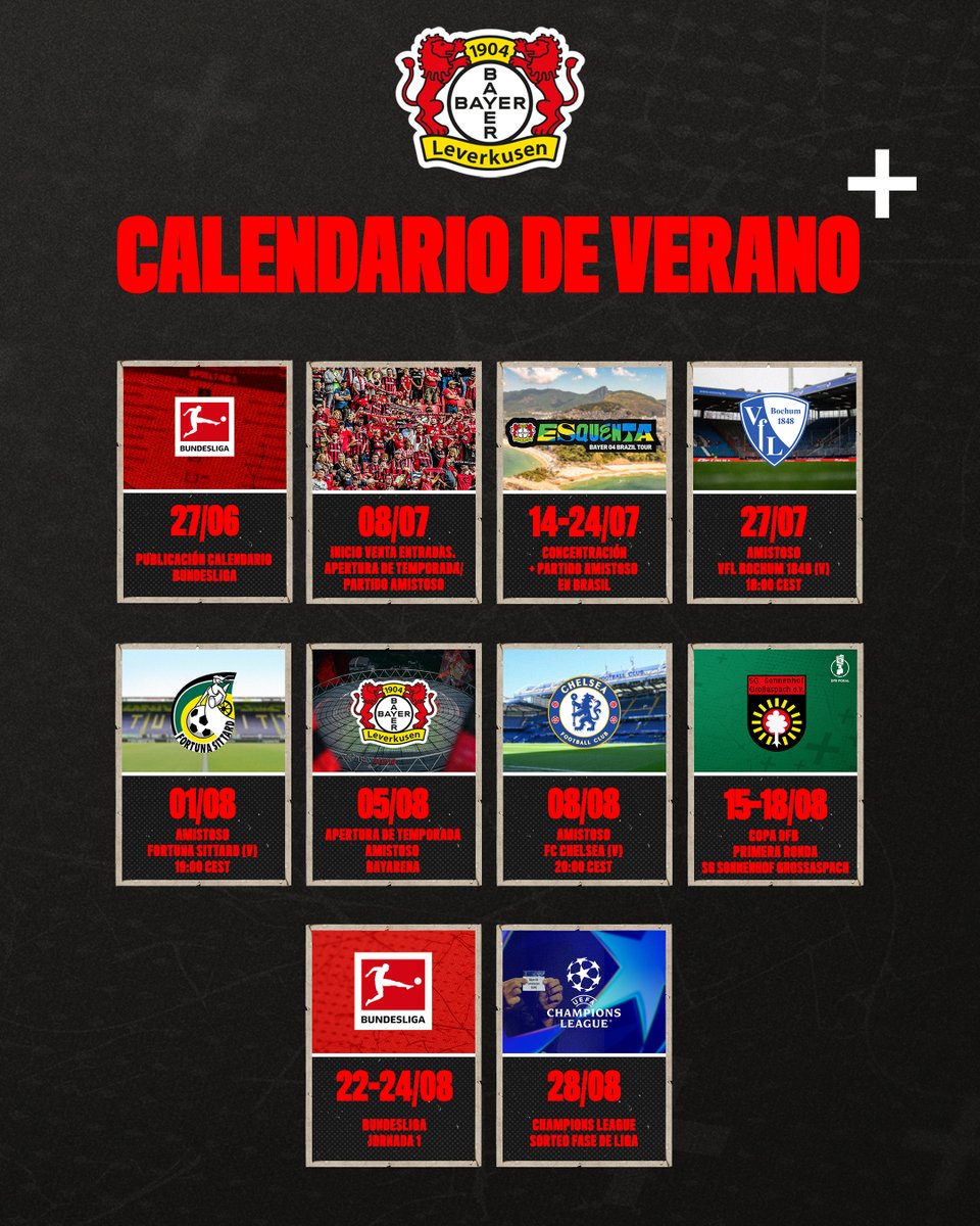 🏟️ Intensa pretemporada: El Bayer 04 disputará partidos amistosos en Río, Bochum, Sittard y Londres. 🇧🇷🇩🇪🇳🇱🇬🇧

La apertura de la temporada tendrá lugar el 5 de agosto en el BayArena. Próximamente se anunciarán los detalles sobre el rival y el horario. ⚫️🔴

#esquentaB04 |