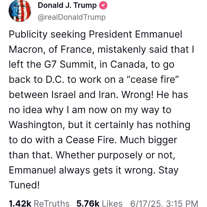 euronews's tweet photo. Macron: "If the US can secure a ceasefire, that’s a very good thing and France will support it."

Trump: "I'm not working on a ceasefire. Emmanuel always gets it wrong."
