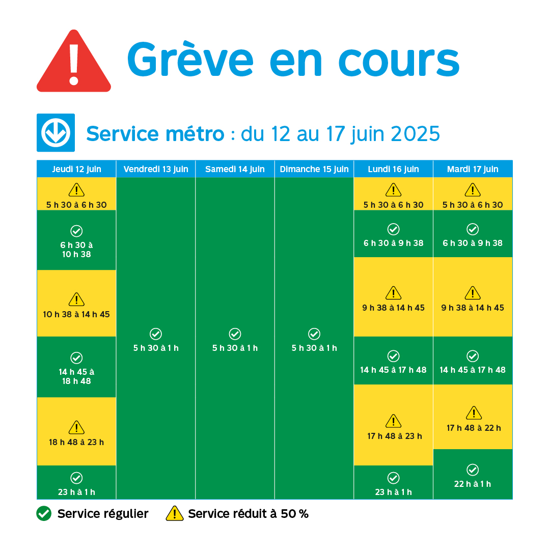 Info Grève]⚠️🚇 Aujourd'hui, le métro ouvre à 5h30. Le service est régulier  durant les heures de pointe mais, réduit à 50% en dehors des heures de  pointe et en fin de soirée, image size:1080x1080