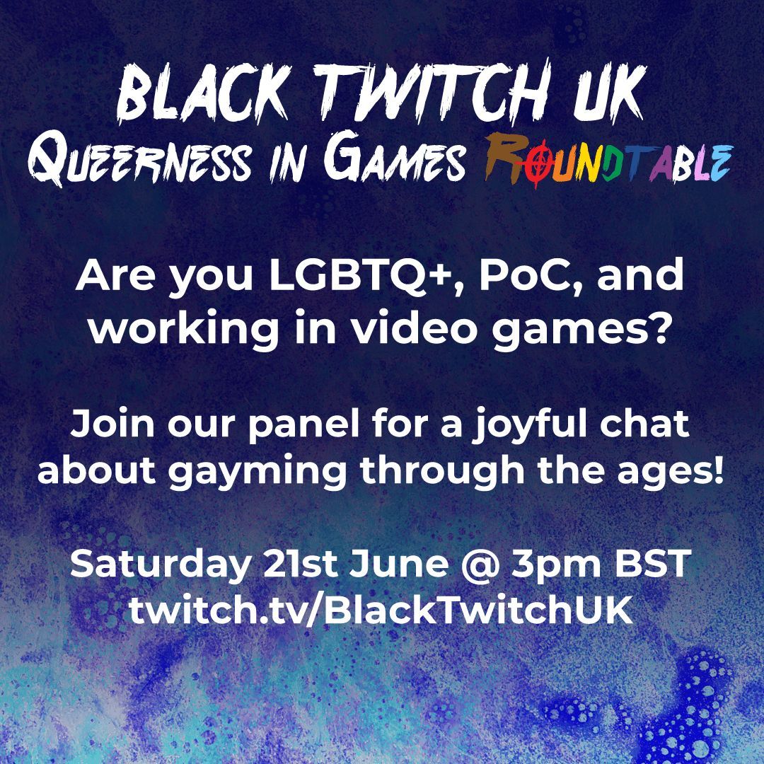 Happy Pride! Black Twitch UK is celebrating with a queer joy roundtable discussing gayness in gaming on Sat 21/6, 3pm BST.
We're looking for two additional Queer PoC guests from the gaming industry to join us. If that's you or some one you know, let us know below or send us a DM.