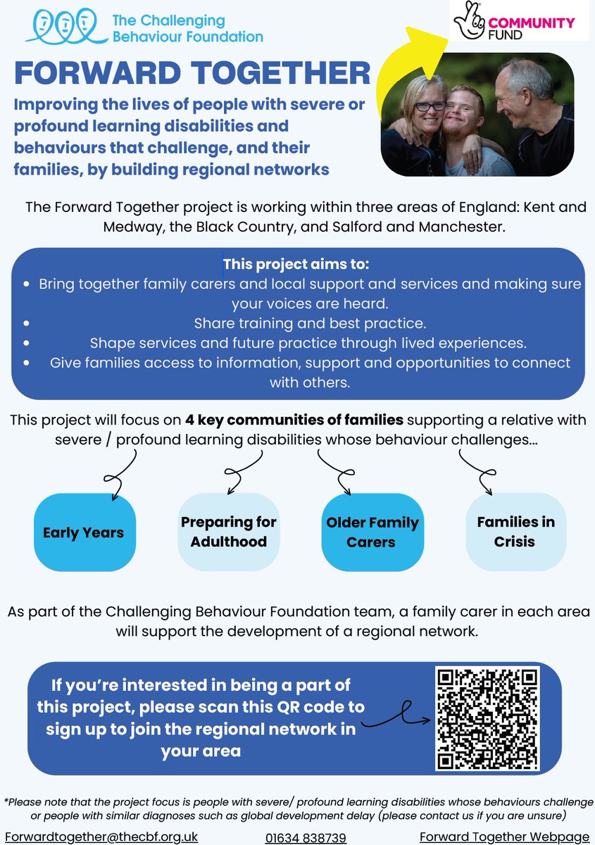 The Challenging Behaviour Foundation 'Forward Together' project is available to families and professionals within the Black Country.

Build regional networks, shape services and future practices, and access support with other families:

challengingbehaviour.org.uk/what-we-do/pro…