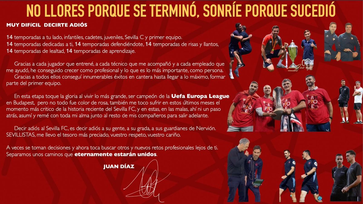 👋 JUAN DÍAZ SE DESPIDE DEL <a href="/SevillaFC/">Sevilla Fútbol Club</a> 

⚽️El sevillano se marcha del club tras 14 temporadas vinculado, las últimas como asistente en los diferentes cuerpos técnicos del primer equipo desde la llegada de Mendilibar.

✍️<a href="/_MiguelPG_/">Miguel PG</a>