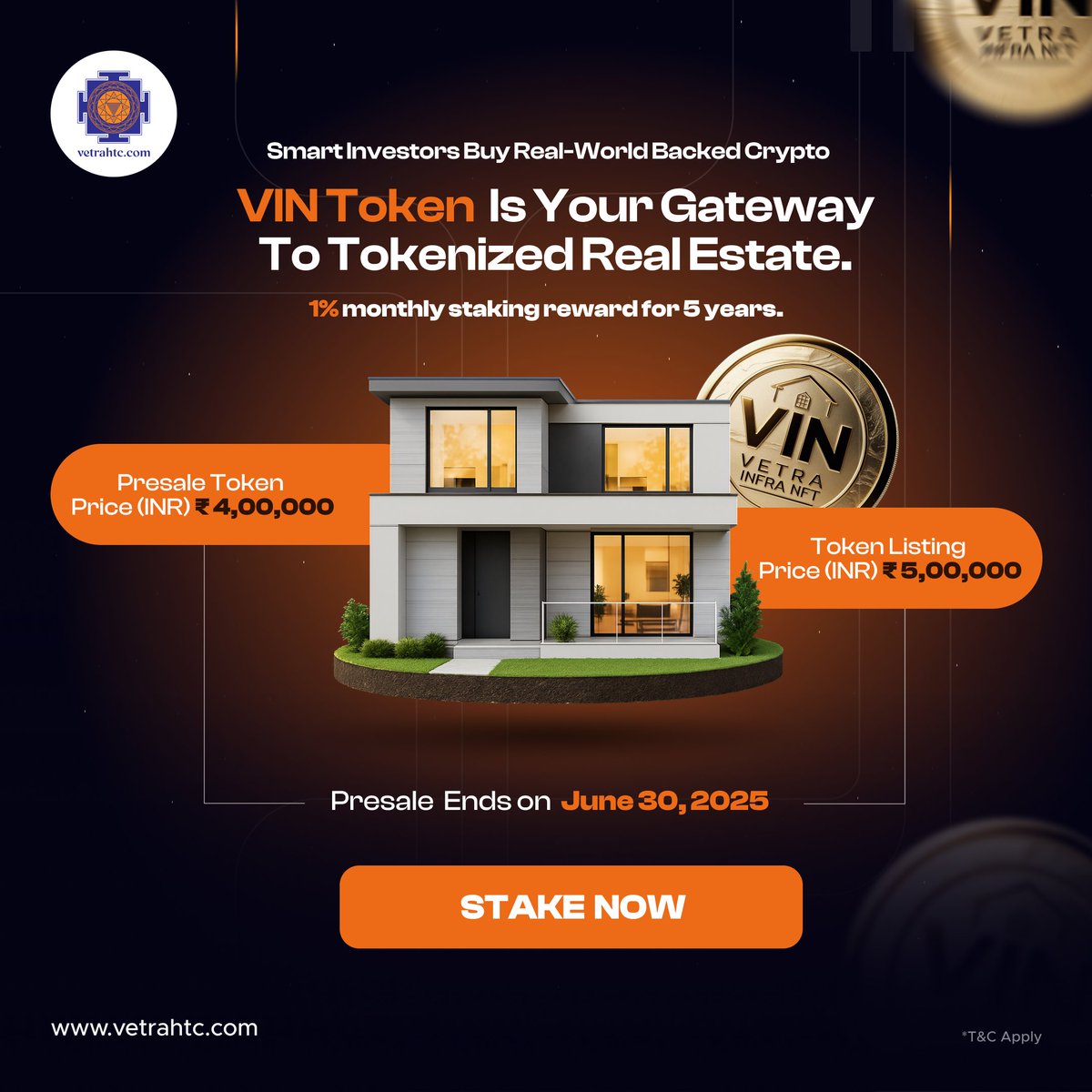 vetrahtc's tweet photo. 🏠 Tokenize real estate with VIN Token — backed by real-world assets.
💰 1% monthly staking rewards for 5 years!
📅 Presale ends June 30, 2025.
👉 Stake now: https://t.co/7ItoPefa6v
#VINToken #VetraHTC #VetraInfraNFT #RealEstateNFT
#Crypto #Web3 #PassiveIncome #Blockchain https://t.co/MQ7HNvjTiJ