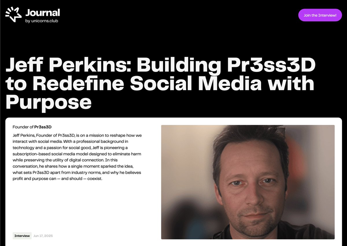 📢 Just dropped on Unicorns Journal:
Jeff Perkins, founder of Pr3ss3d, is building a new kind of social network — subscription-based and free from the noise of traditional platforms

Read the full story: unicorns.club/journal/jeff-p…

#Startups #SocialMedia #UnicornsJournal