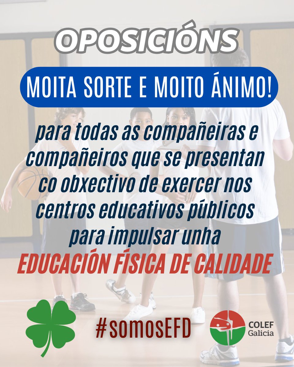 Esta fin de semana celébranse oposicións en Galiza.
Moita sorte e moito ánimo para todas as compañeiras e compañeiros que se presentan co obxectivo de exercer nos centros educativos públicos para impulsar unha Educación Física de Calidade. 
A POR A PRAZA!💪🏼
 #EFD #Edufis #MáisEF