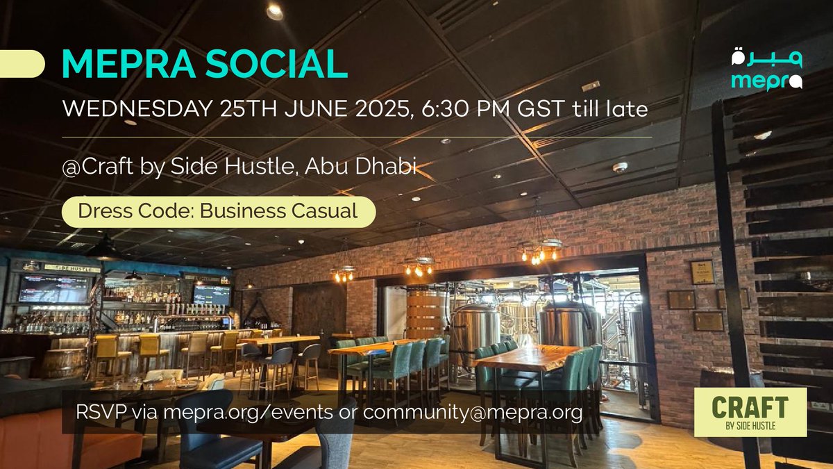 📣 Join us for the next MEPRA Social in Abu Dhabi!
Unwind, connect, and catch up with peers from the MEPRA community over drinks and bites at Craft by Side Hustle. Whether you're reconnecting with familiar faces or expanding your network, it's the perfect midweek meetup to