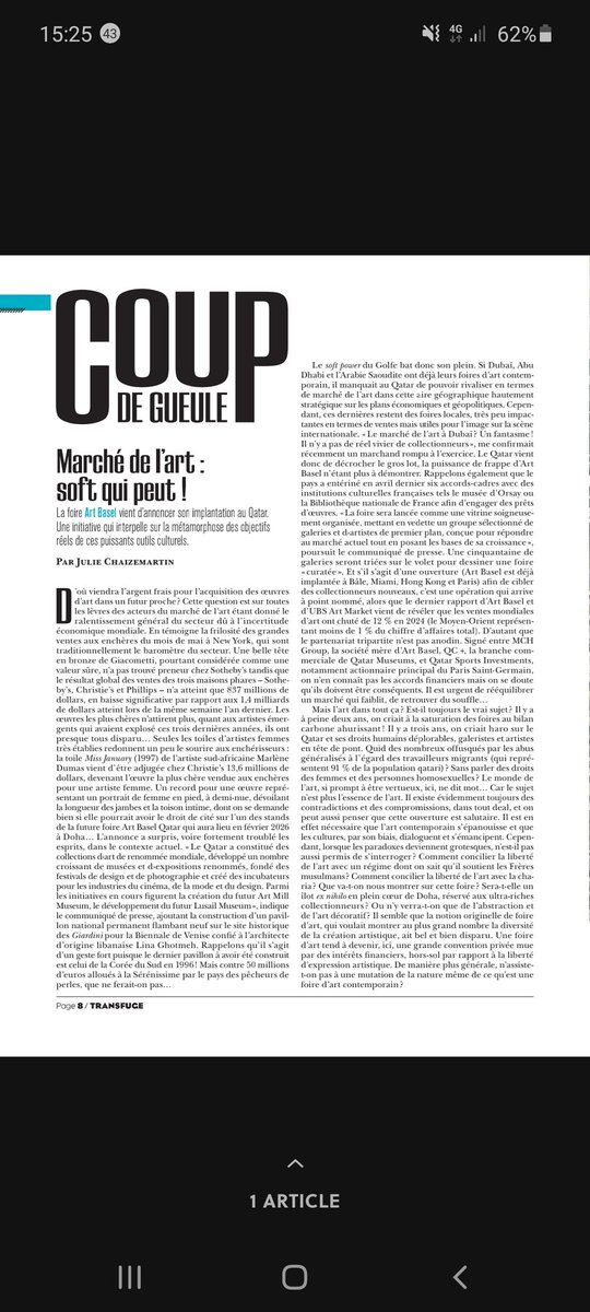 La foire.<a href="/ArtBasel/">Art Basel</a> qui se tient en ce moment dans son écrin historique à Bâle va partir en promenade au Qatar en février 2026... à lire mon #coupdegueule dans <a href="/Transfuge_mag/">Transfuge magazine</a>