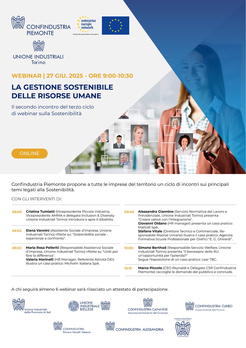 Confindustria Piemonte organizza il 3 ciclo di incontri sul tema della sostenibilità destinato a tutte le imprese.

"La gestione sostenibile delle risorse umane" sarà il 2 webinar e si svolgerà il 27/06, dalle 9h.

Scopri di più: lnkd.in/dW5Swc5r