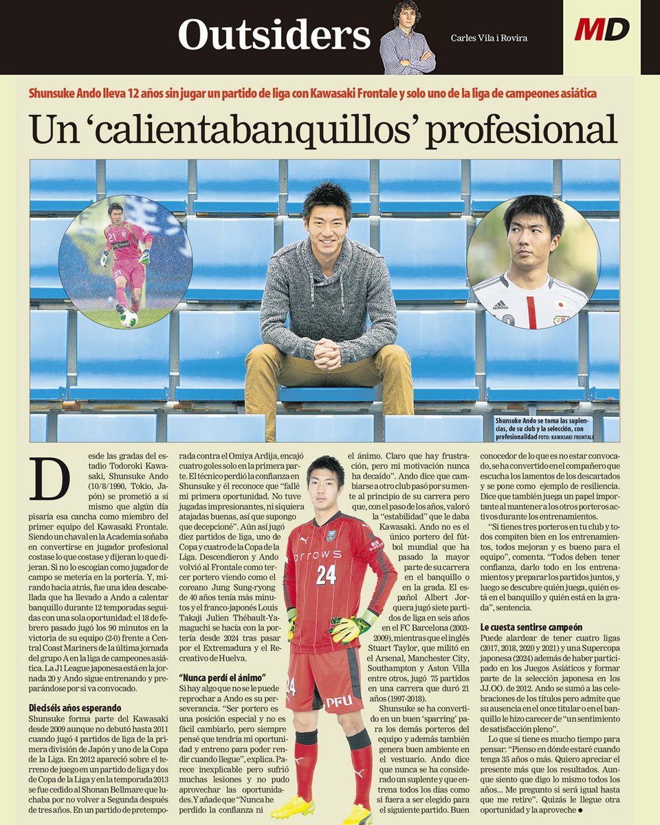 OUTSIDERS #198 en papel y web de <a href="/mundodeportivo/">Mundo Deportivo</a> 
Un ‘calientabanquillos’ profesional.
Shunsuke Ando lleva 12 años sin jugar un partido de liga con Kawasaki Frontale y solo uno de la liga de campeones asiática sin trascendencia el pasado febrero.
mundodeportivo.com/futbol/interna…