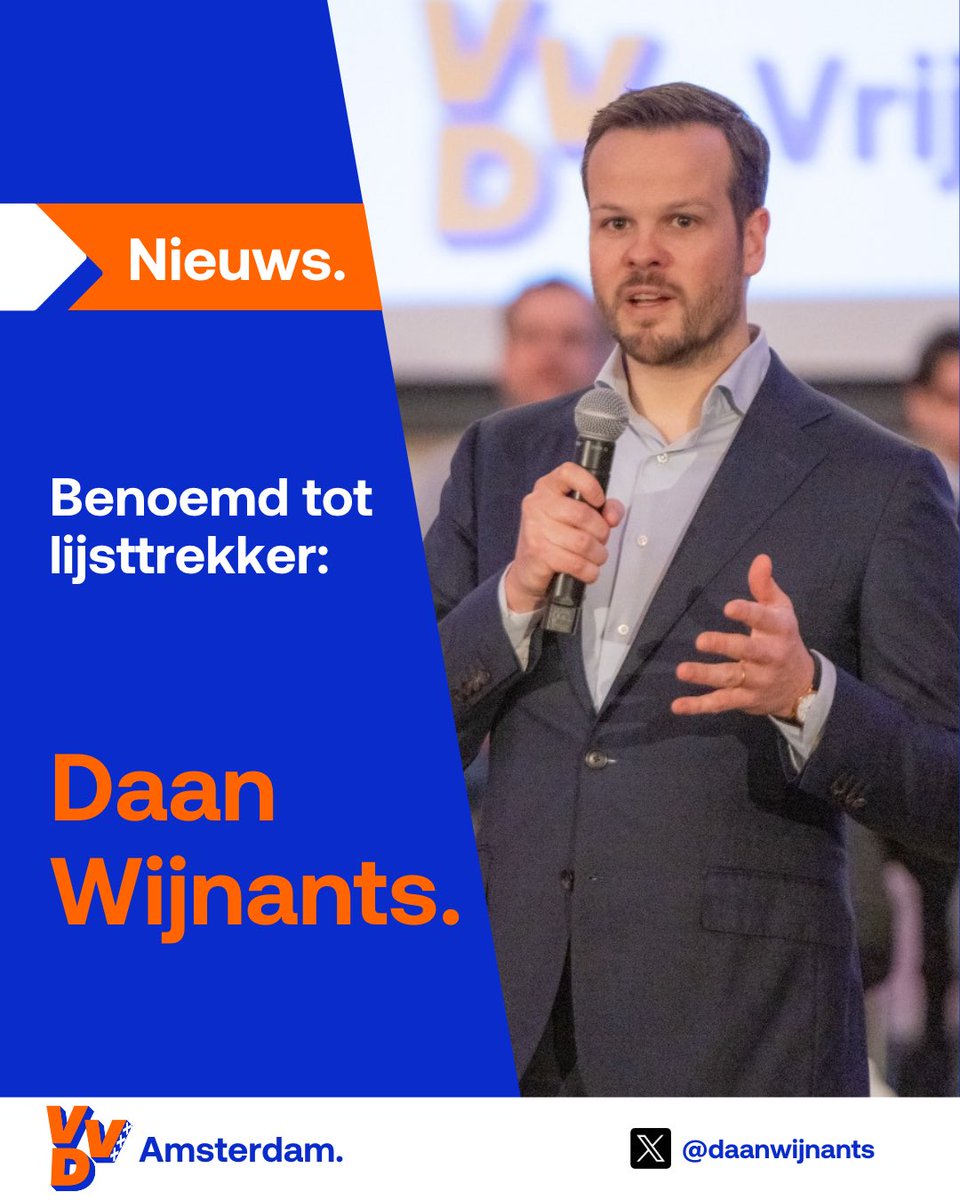 VVDAmsterdam's tweet image. Gisteravond is @daanwijnants officieel benoemd tot lijsttrekker van de Amsterdamse VVD.
“Staand op schouders van reuzen zie ik het als een grote eer. Er is maar één verhaal waar de Amsterdammers wat aan hebben en dat is het VVD-verhaal. Ik heb er ontzettend veel zin in!”
