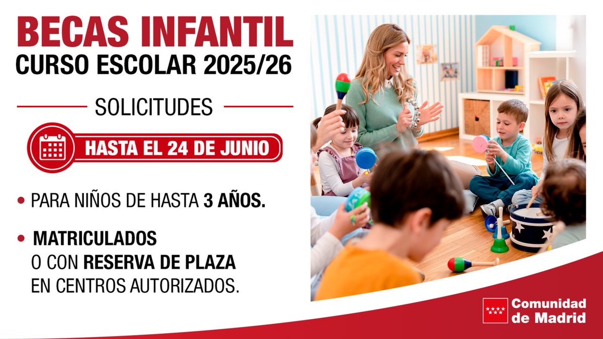 🎒 Abierto el plazo de solicitud para las Becas de Educación Infantil de la <a href="/ComunidadMadrid/">Comunidad de Madrid</a>

📆 Hasta el 24 de junio

📲 Información y acceso al trámite de solicitudes: c.madrid/td1cs3