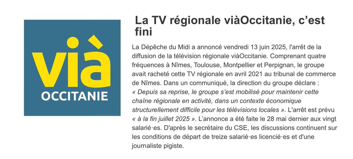 Thierry TEULADE 🌻🚴♀️🐝🌳🎒 (@tteulade) on Twitter photo Très mauvais nouvelle 😱 viàOccitanie c'est terminé.
Le groupe La Dépêche du Midi reconnaît son incapacité à faire vivre notre chaine régionale.
Ma pensée va aux journalistes ✒️et GRI 🎥toujours présents-tes aux cotés de <a href="/OfficielSakado/">SAKADO OFFICIEL</a> et de nos actions citoyennes. Très mauvais nouvelle 😱 viàOccitanie c'est terminé.
Le groupe La Dépêche du Midi reconnaît son incapacité à faire vivre notre chaine régionale.
Ma pensée va aux journalistes ✒️et GRI 🎥toujours présents-tes aux cotés de <a href="/OfficielSakado/">SAKADO OFFICIEL</a> et de nos actions citoyennes.