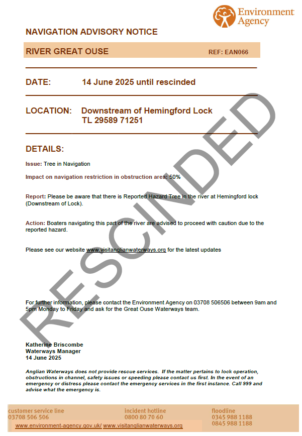 The below notice is now rescinded.
