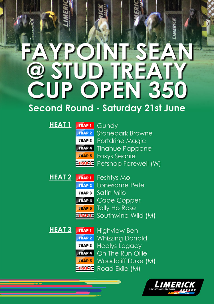The 2nd Round of The Faypoint Sean @ Stud Treaty Cup Open 350 takes place this Saturday 21st June in Limerick.

Join us for a great night of racing.

#GoGreyhoundRacing #ThisRunsDeep