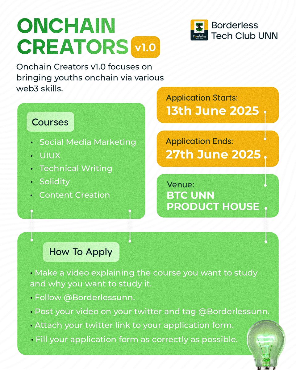 Borderlessunn's tweet image. Registration for Onchain creators v1.0 is ongoing 🔥🔥

Don’t snooze on this one.

Go through the ‘How to apply’ and click on the link below to apply 

docs.google.com/forms/d/e/1FAI…

#Web3 
#tech 
#Tech4All