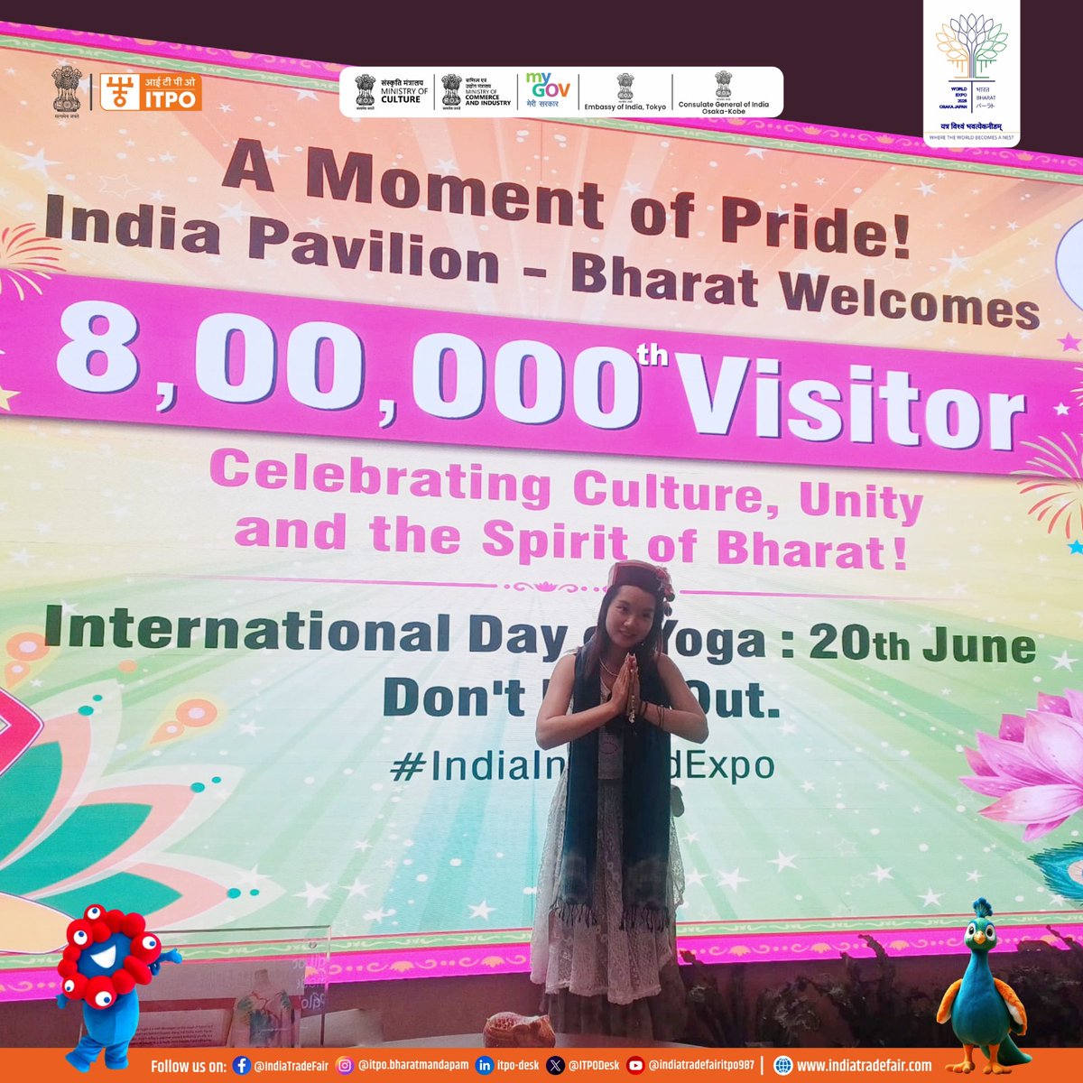 Every Week, A New Milestone — A New Moment of Pride!

Today, we’re thrilled to welcome our 800,000th visitor to the India Pavilion – Bharat at Expo 2025 Osaka!

Thank you to everyone who’s made this journey so memorable.

Bharat is being celebrated at the heart of Expo Osaka— one